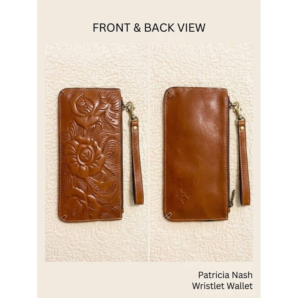Patricia Nash Brown Tooled Floral Leather Zip Wristlet Wallet Wrist Strap Women